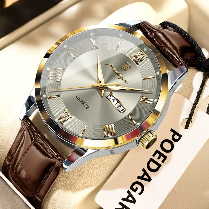 POEDAGAR Original montre de mode pour homme en cuir Date semaine Quartz hommes montre étanche lumine