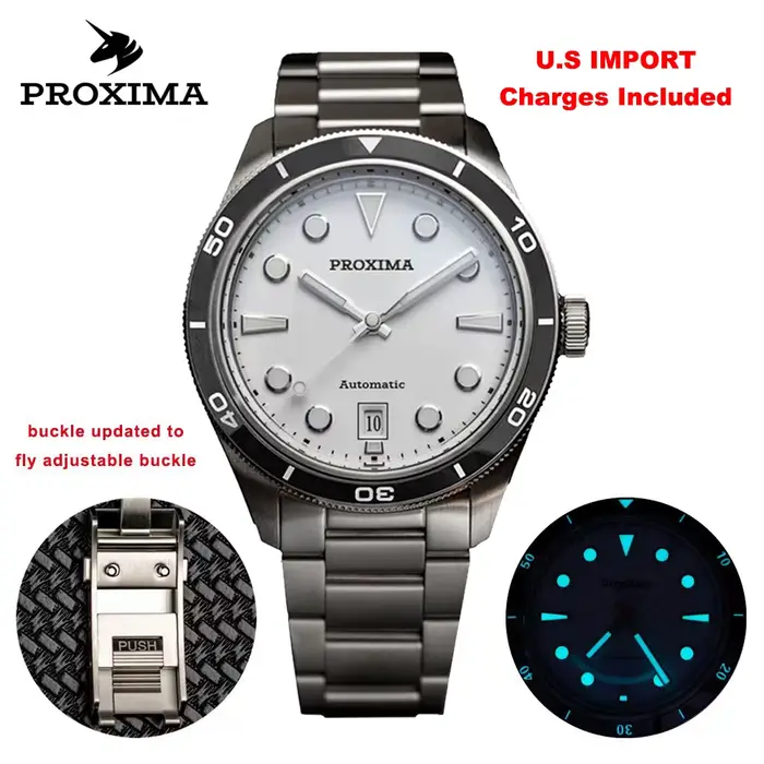 Montre Mécanique Vintage uni-dive PX1697 avec Cadran Blanc Emaillé et Résistance à l'Eau 20 Bars pour Hommes Occasions Spéciales