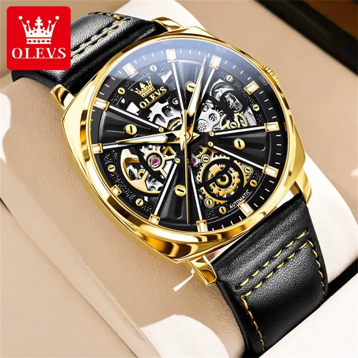 OLEVS 6685 montres pour hommes originales mode boîtier Tonneau creux bracelet en cuir série X marque de luxe montre mécanique automatique pour homme