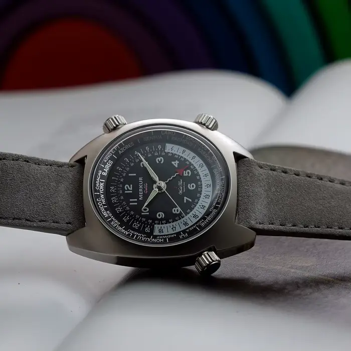 Merkur-Montre mécanique vintage pour homme, alarme des années 70, temps universel manuel compliqué, 