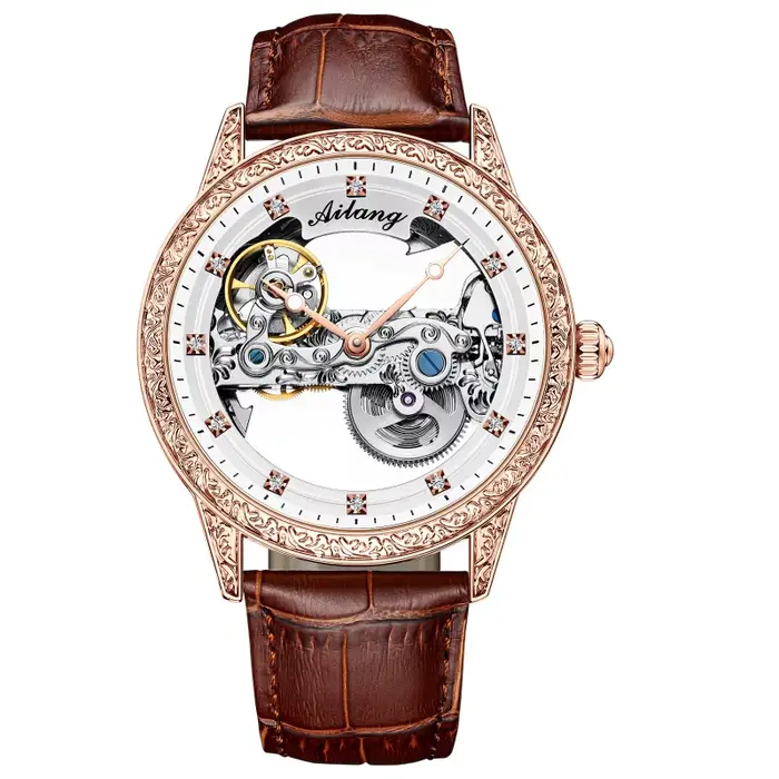 Montre mécanique automatique haut de gamme étanche avec bracelet en cuir véritable et fond transpare
