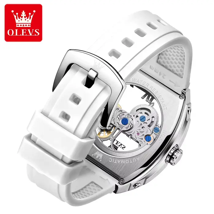  OLEVS automatique hommes montre bracelet en caoutchouc blanc mécanique Tourbillon montres