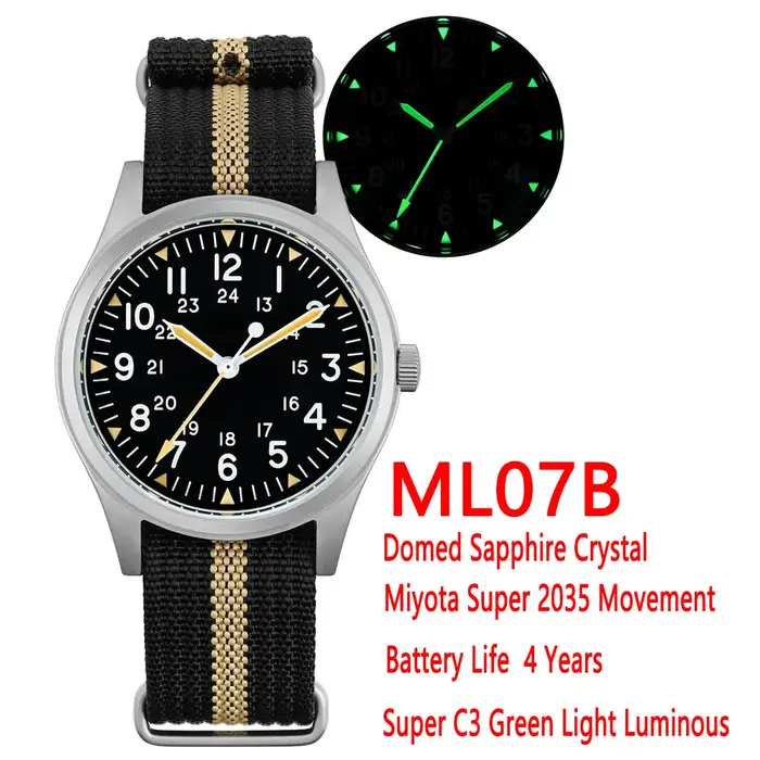 Militado ML07B 36mm montre à Quartz mis5 Super 2035 mouvement montres bombé saphir cristal lumineux étanche