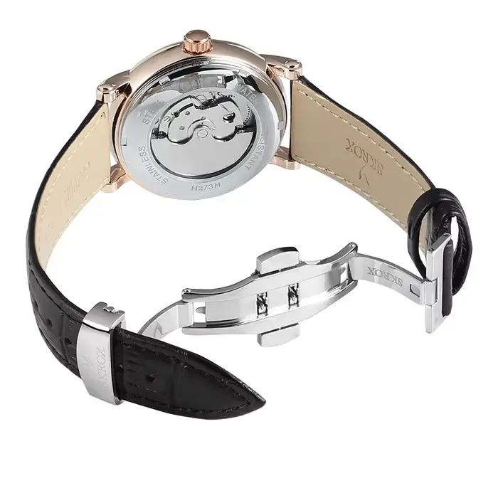 Montre SKROX Phase de lune Tourbillon Automatique à Remontage Automatique en Acier Inoxydable Cuir Pour Homme Occasions Spéciales