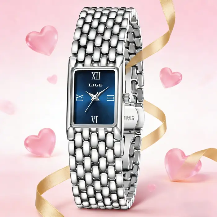 LIGE argent femmes montre carré dame montres à Quartz en acier inoxydable cadran romain