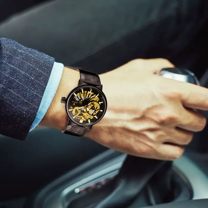 Montre mécanique SKROX élégante pour homme, avec mouvement ventilé manuel, résistance à l'eau, et finition en acier inoxydable et cuir, pour toutes occasions