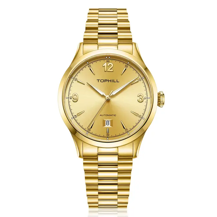 Montre automatique Tophill TW100G avec cadran soleil argenté, bleu, doré, mouvement Miyota 8215, résistance à l'eau 5ATM, bracelet en acier inoxydable 316L, idéale pour occasions professionnelles et cadeaux d'affaires