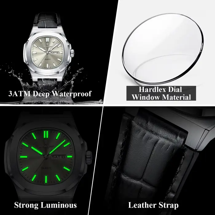 POEDAGAR montre de haute qualité pour hommes de luxe lumineux étanche semaine calendrier homme horloge en cuir carré