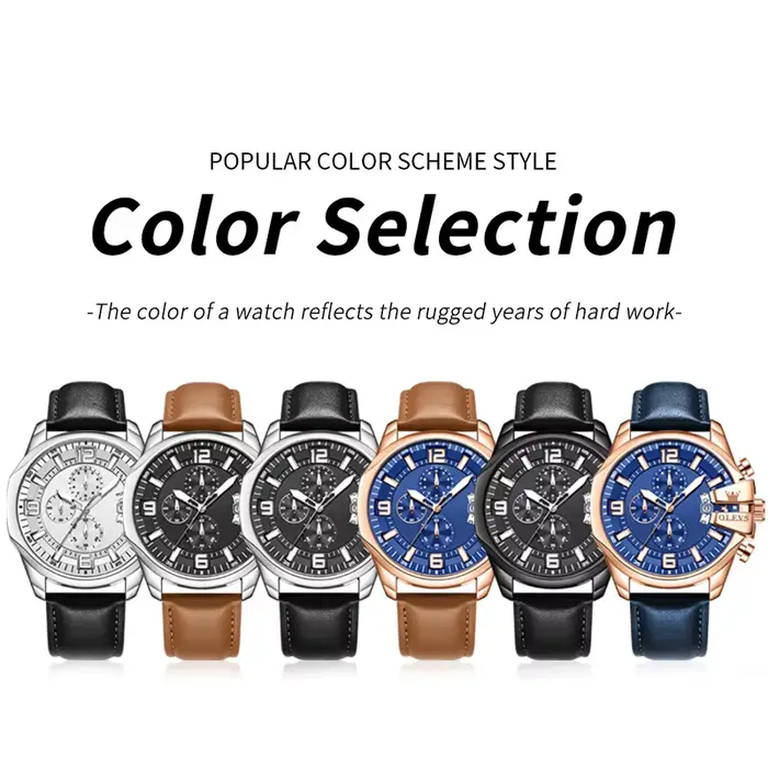 Montre OLEVS 2978 pour homme mouvement quartz cadran chronographe lumineux bracelet cuir fenêtre de calendrier résistance à l'eau 30m occassions spéciales style décontracté et élégant