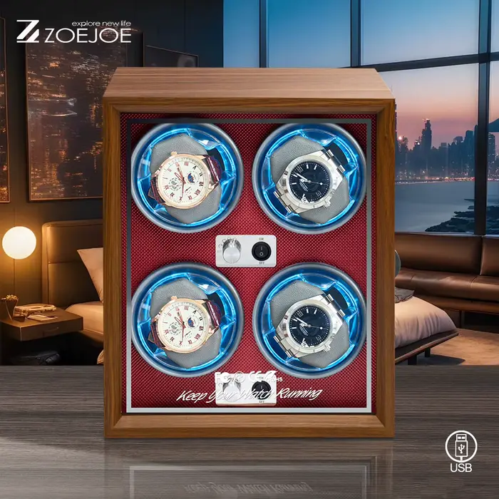 ZOEJOE remontoir de montre automatique en cuir PU couvercle Transparent en carbone alimenté par USB