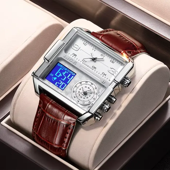 Montre de sport LIGE 2025 avec affichage numérique et analogique, résistante à l'eau, chronomètre, multiple fuseaux horaires, bracelet en cuir pour homme occassions spéciales