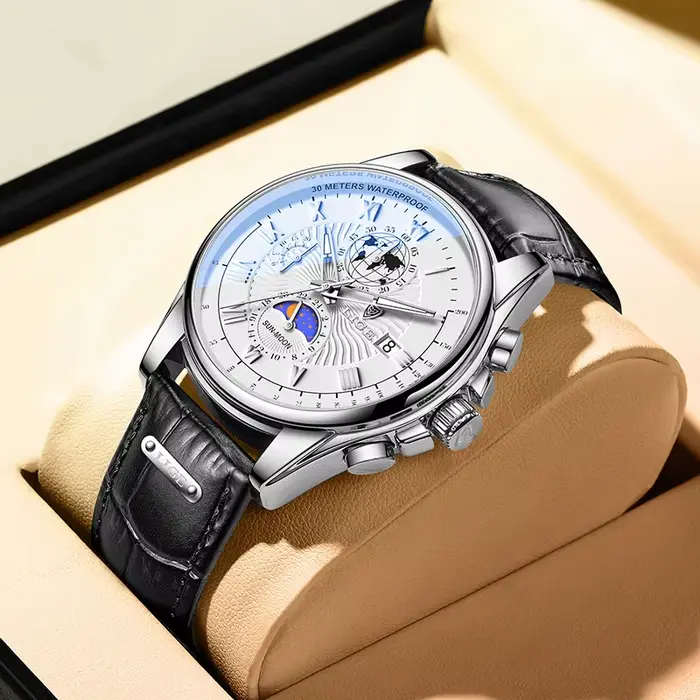 LIGE – montre-bracelet en cuir bleu pour hommes, nouvelle marque de luxe, étanche, Sport, Date, Quar