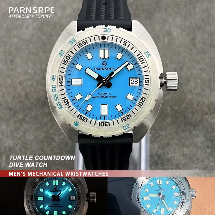 Montre de plongée tortue automatique PARNSRPE pour hommes, résistante à l'eau, avec lunette unidirectionnelle, mouvement automatique, bracelet en silicone, pour plongeurs et aventuriers