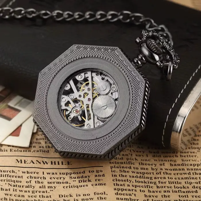 Montre de poche mécanique hexagonale classique avec chaîne FOB