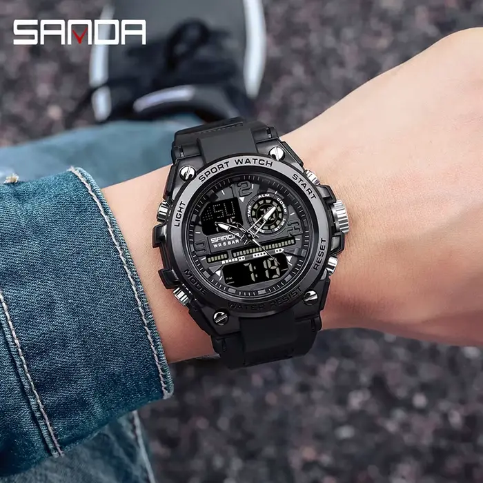SANDA hommes sport montres à Quartz double affichage LED électronique numérique montres étanche mont