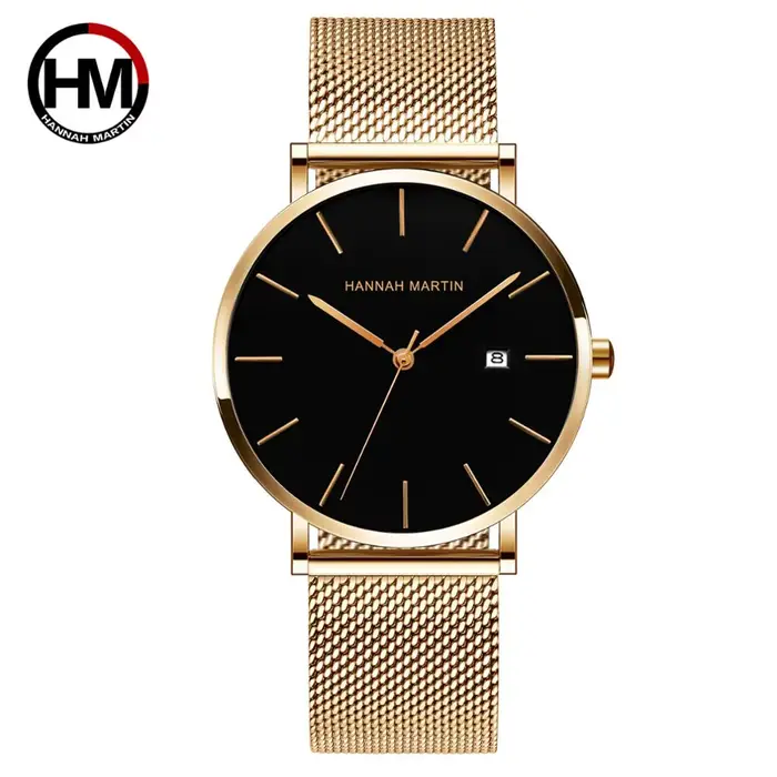 Japon Quartz calendrier mouvement Ultra mince classique doré noir bracelet en acier inoxydable étanc