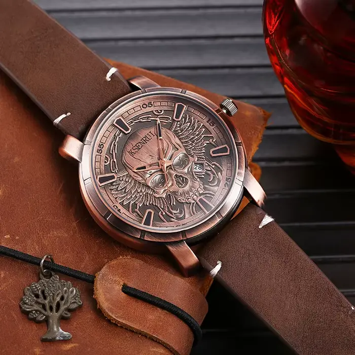 Montre Crâne Rétro Hommes Bracelet Luxe Acier Cuir Horloge Cadeau Occasions Spéciales