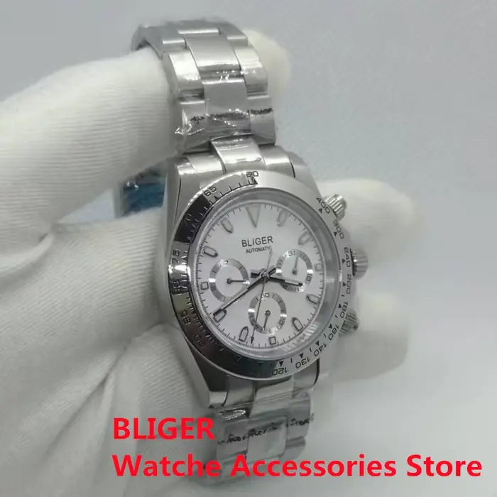 Montre BLIGER 39mm Chronographe Automatique Lumineuse Pour Hommes Étanche Acier Inoxydable Verre Saphir Cadran Noir Blanc Occasions Spéciales