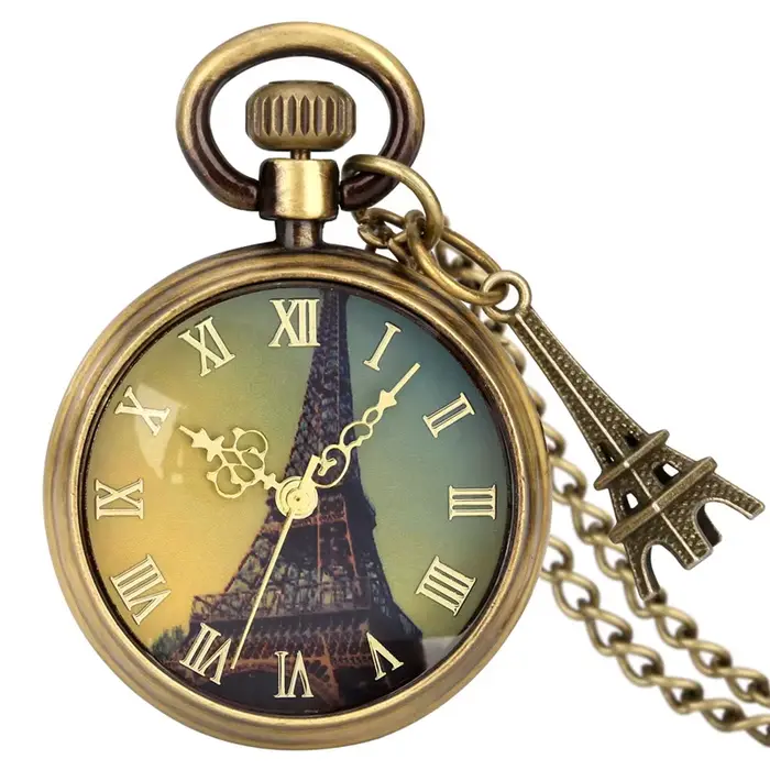 Montre de poche unisexe à quartz analogique avec imprimé chiffres romains en bronze, motif monument,