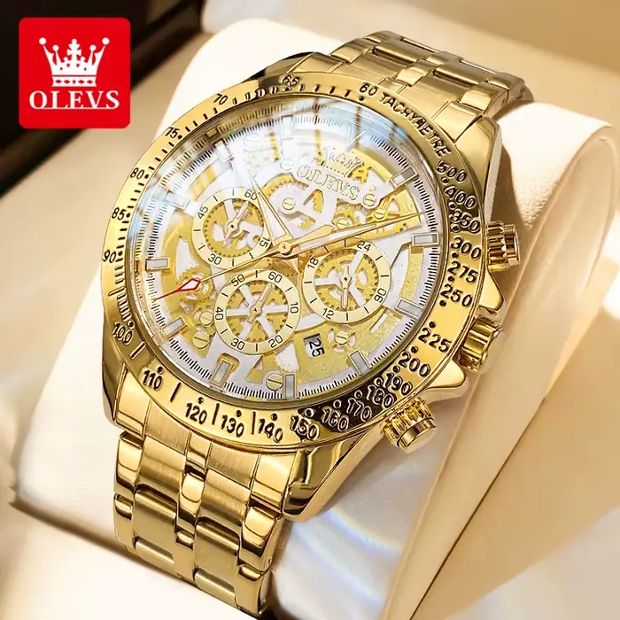 OLEVS or hommes montres squelette en acier inoxydable chronographe montre-bracelet étanche lumineux 