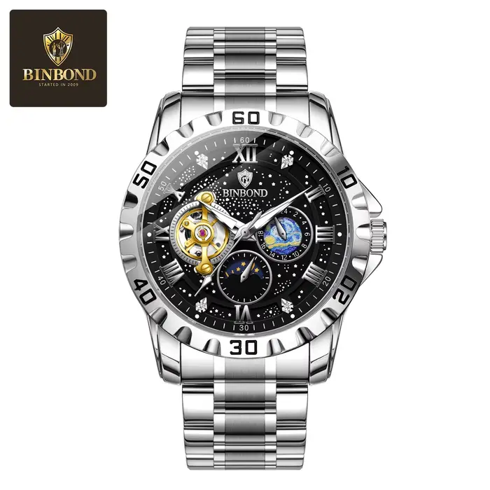 BINBOND nouveau luxe hommes montre mécanique automatique Phase de lune montre étanche Tourbillon cre