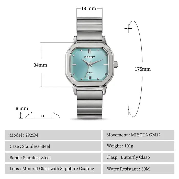 Montre homme BERNY carrée résistante à l'eau avec mouvement Miyota quartz pour occasions formelles et décontractées