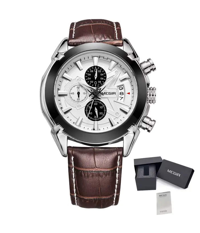 MEGIR-Montre-bracelet à quartz en cuir pour homme, chronographe militaire, grand cadran, horloge de 