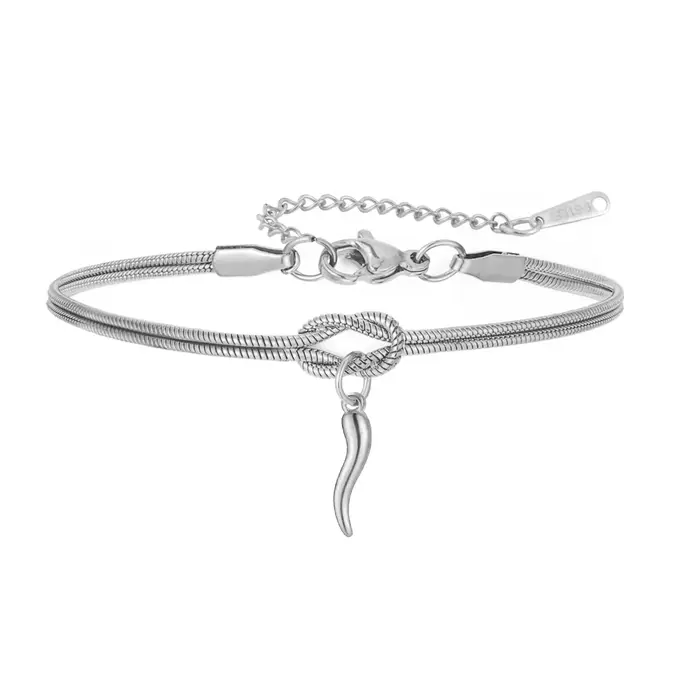 Bracelet en acier inoxydable avec breloque corne italienne émaillée rouge, chaîne serpent et nœud d'