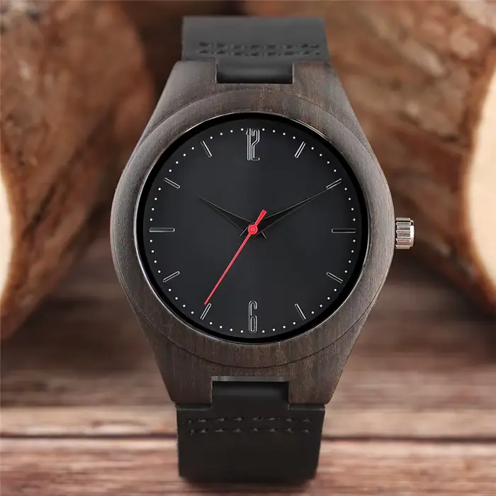 Montre quartz de luxe en bois de bambou pour hommes et femmes, horloge unisexe en cuir de haute qual