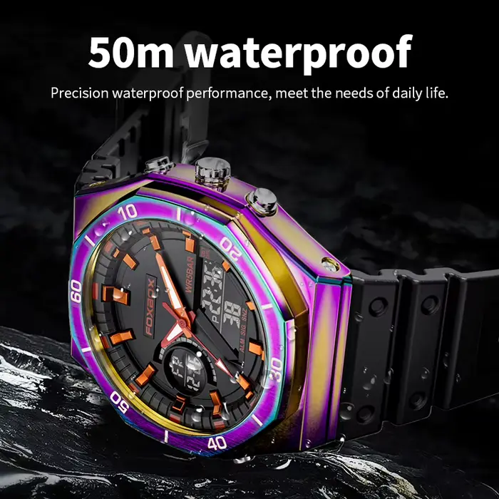 Montres FOXBOX à double affichage pour hommes, design fashion et casual, chronographe à quartz, grand cadran, bracelet en silicone, résistante à l'eau, idéale pour les activités sportives et les sorties décontractées