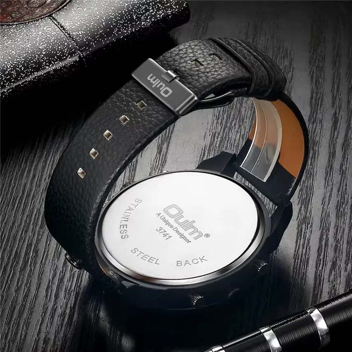 Oulm nouvelle mode Sport décontracté hommes montres en cuir noir double fuseau horaire montre-bracelet mâle Quartz grande taille luxe montre militaire