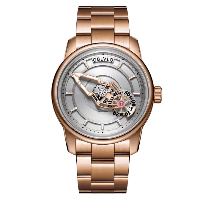 Montre automatique pour hommes OBLVLO avec mouvement manivelle mécanique et résistance à l'eau de 50m pour occasions formelles et informelles