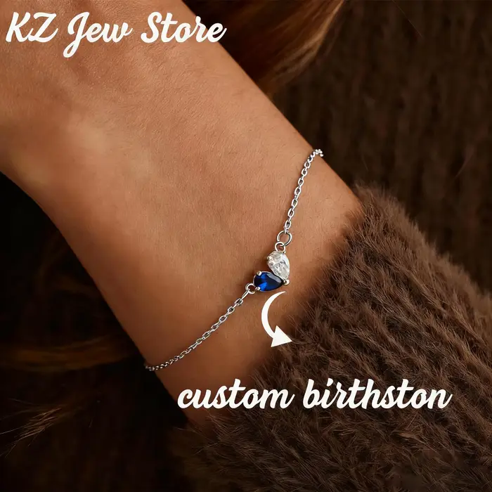 Bracelet personnalisé en forme de cœur pour femmes, deux pierres de naissance, délicat, couleur or, 