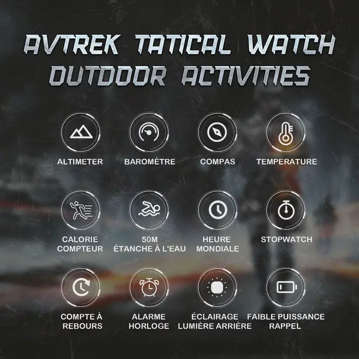 Montre numérique AVTREK pour homme avec boussole et podomètre résistante à l'eau pour activités outdoor et sports de plein air