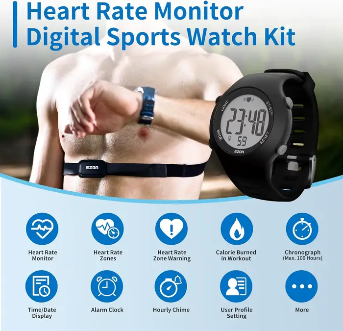 Montres numériques de sport avec sangle de poitrine pour hommes et femmes