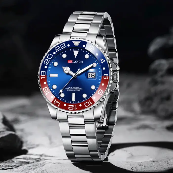 Montre d'affaires en acier inoxydable 40mm classique rouge bleu cercle série de plongée loupe calendrier montres à