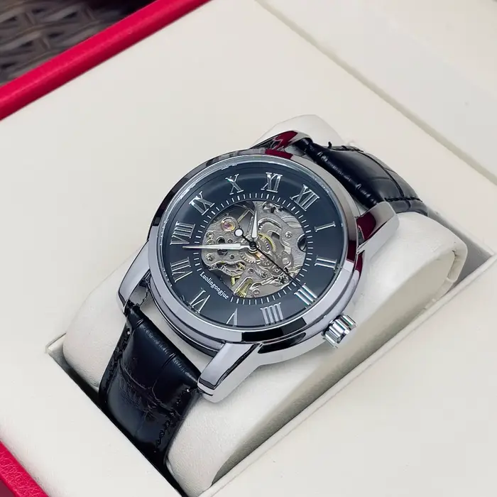 Montre mécanique automatique élégante pour homme avec design squelette - Bracelet en cuir