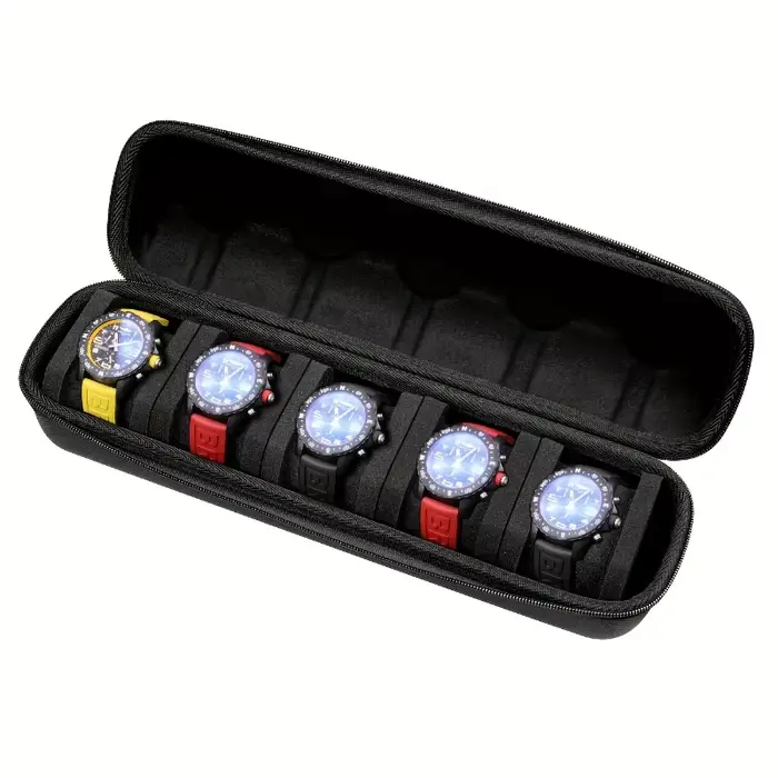 Étui de voyage robuste à 5 compartiments pour rangement des montres avec séparateur rembourré et poignée couvercle rabattable pour homme et femme occasions spéciales