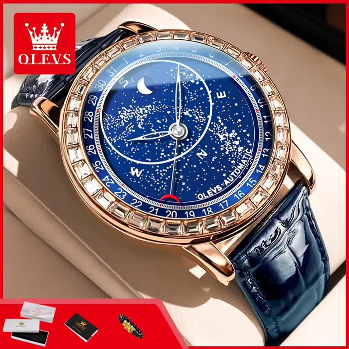 Montre homme Olevs 9923 phase de lune cadran ciel étoilé aiguilles des secondes rotatives lunette sertie de diamants montre mécanique automatique lumineuse homme occasions spéciales