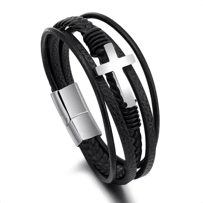 Bracelets en cuir tressé pour hommes et femmes, amulette croisée en acier inoxydable, trucs Cool, ac