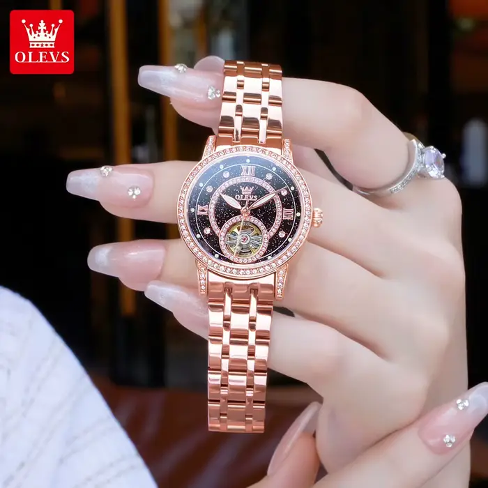 Montre de luxe mécanique automatique pour femme avec incrustations de diamants et design étoilé pour occasions spéciales et cadeaux