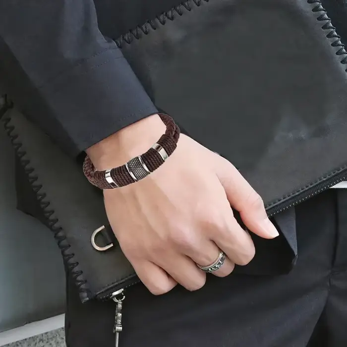 Luxe Vintage multicouche marron cuir acier inoxydable hommes Bracelet perle Bracelet bijoux mâle poi