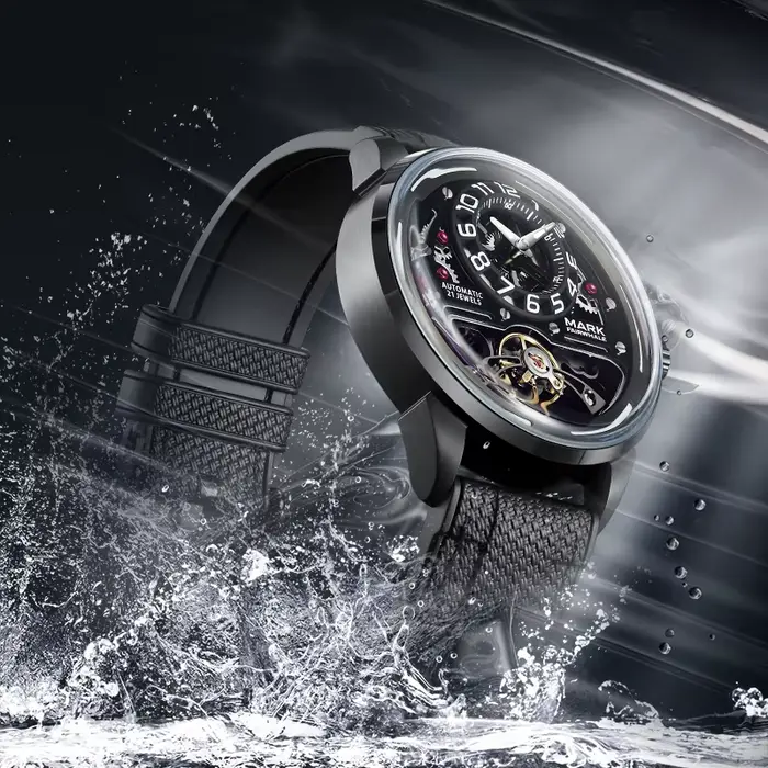 MARK FAIRWHALE montre automatique pour hommes cadran squelette bracelet en caoutchouc fluoré étanche montre-bracelet de luxe à la mode