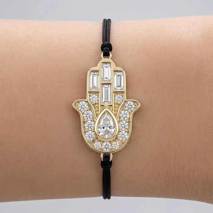 Bracelet Moonmory Original en laiton plaqué or 18 carats avec main de Fatma, orné de zircone cubique