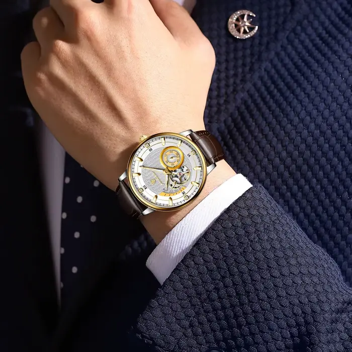 Montre POEDAGAR automatique avec tourbillon ajouré et bracelet en cuir pour hommes d'affaires et occasions spéciales