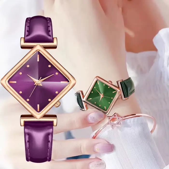 Montres-bracelets à quartz en cuir violet pour femmes