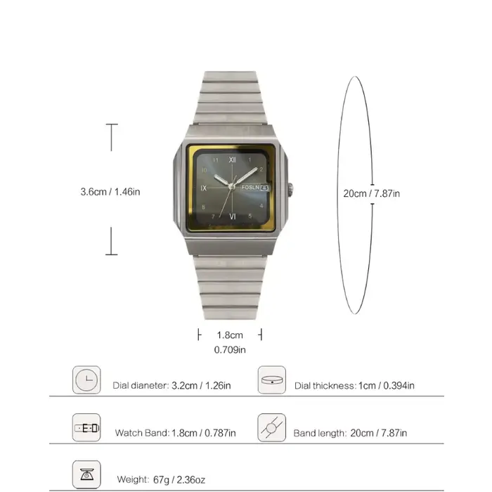 Montre à quartz carrée vintage avec boîtier en acier