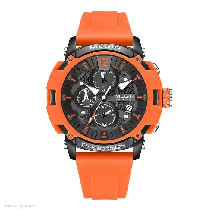 MEGIR Orange Sport montres pour hommes mode étanche lumineux chronographe Quartz montre-bracelet avec Date automatique bracelet en Silicone 2208