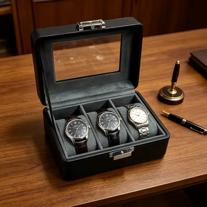 Boîte à montres de luxe en cuir à 3 emplacements avec serrure