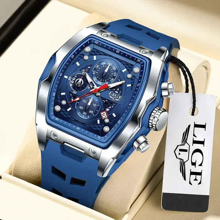 LIGE montre d'affaires pour hommes étanche chronographe lumineux Date mouvement à Quartz bracelet en Silicone montre-bracelet en mâle + emballage en boîte